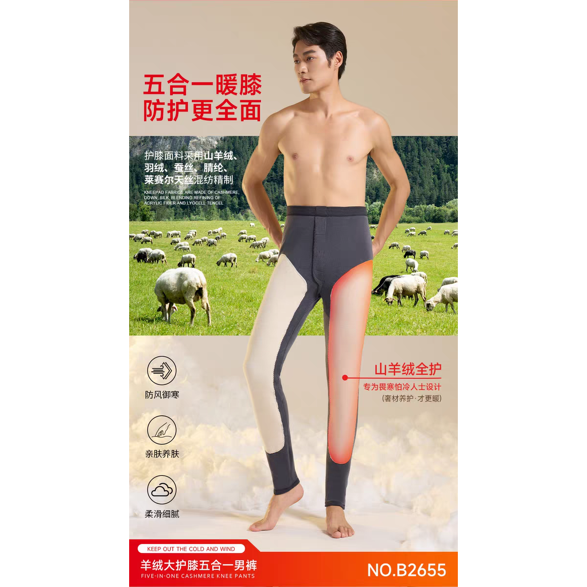 多芬秋裤男士2562羽绒羊毛蚕丝护膝贴片保暖裤2655加长版冬季加厚
