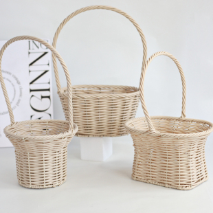 节日网红时尚韩式花篮米色藤编手工编制篮鲜花水果篮花艺培训课篮