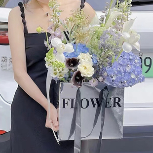 镜面银色手提袋鲜花手提袋抱抱袋花束包装袋礼品礼物袋银色抱抱桶