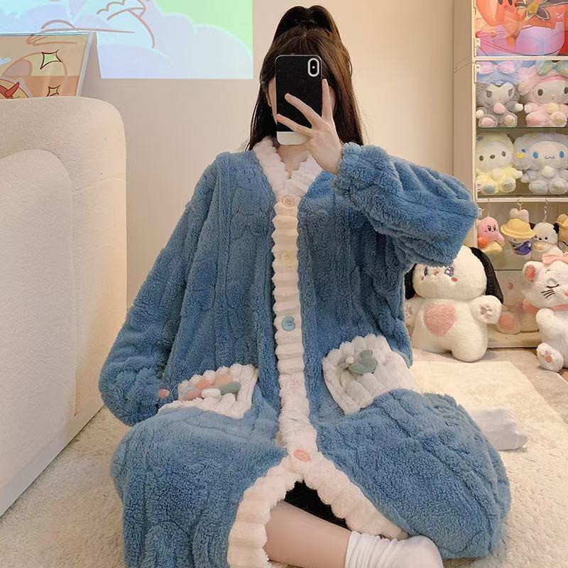 睡衣女秋冬季睡袍加肥加大可爱时尚纯色珊瑚绒冬天加厚家居服浴袍