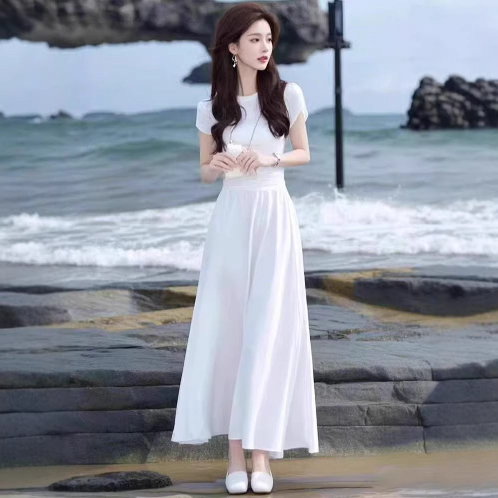 夏季高端精致气质名媛女神范长裙高级感海边度假超好看白色连衣裙