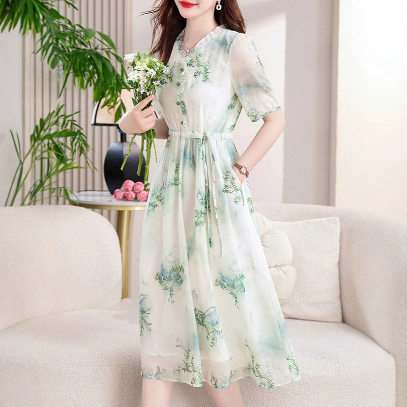 妈妈连衣裙夏装2026新款国风中年女装雪纺印花收腰显瘦气质中长裙