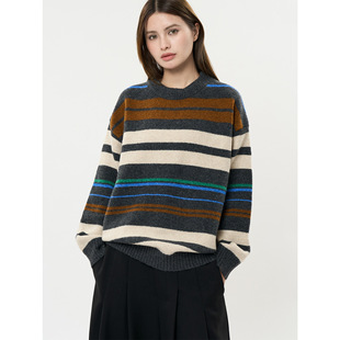 卢浮冬季新款韩版复古慵懒感羊毛撞色条纹毛衣软糯亲肤廓形上衣女