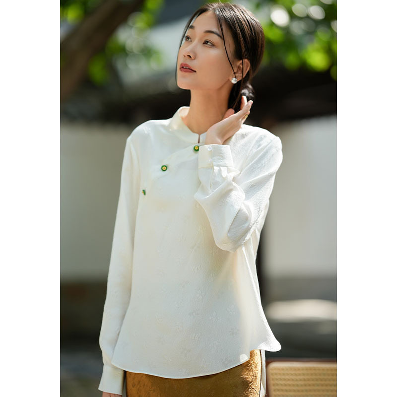 白衬衣女款高级感真丝冠乐绉新中式衬衫女长袖桑蚕丝轻国风上衣