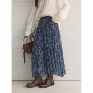 卢浮早春新款韩系复古高腰佩斯利花纹压褶半身裙大摆A字长裙女