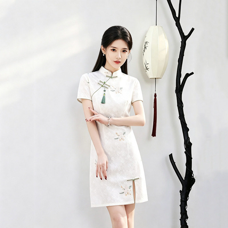 白色蕾丝国风新中式苏州短款旗袍改良年轻款少女高级感小个子夏季图片