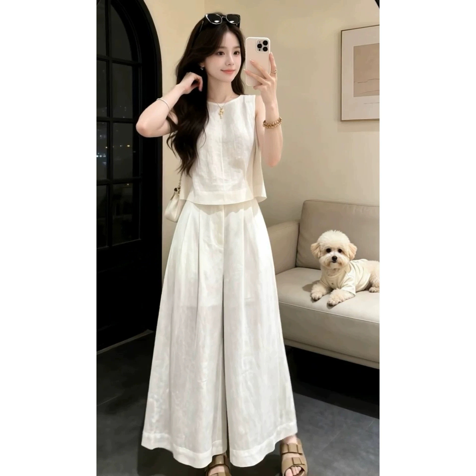 2026超火穿搭一整套装女夏季新款巨好看白色无袖上衣阔腿裤两件套