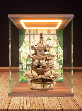 适用乐放榫卯木制积木八音盒古风建筑音乐盒灵动莲亭回型灯收纳盒