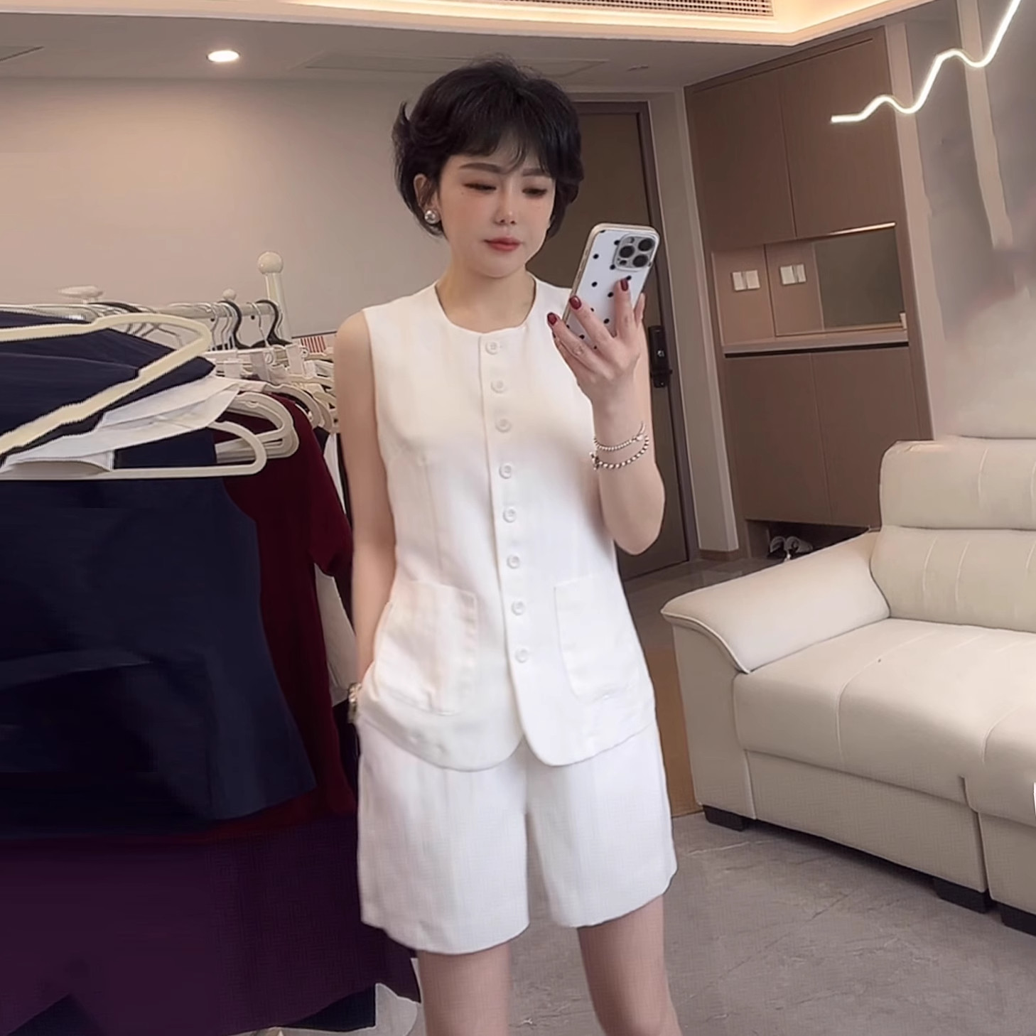 小香风马甲背心纯色短裤套装女