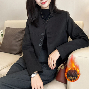 小个子短款毛呢外套女夹棉加厚时尚圆领毛呢丝巾搭配时尚气质百搭