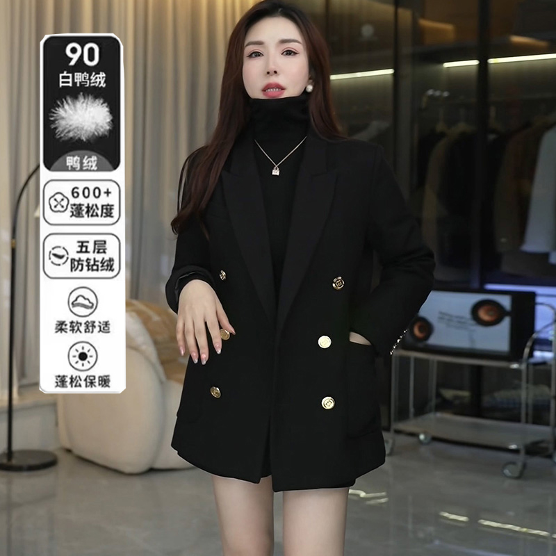 白鸭绒毛呢西装外套女秋冬加棉新款时尚百搭宽松休闲西服上衣开叉