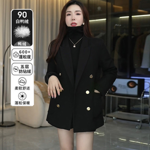 白鸭绒毛呢西装外套女秋冬加棉新款时尚百搭宽松休闲西服上衣开叉