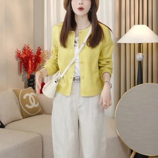 清爽软仿亚麻智感显瘦圆领短款外套女夏季防晒休闲上衣欧若风