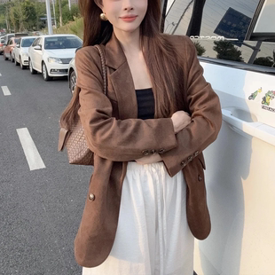 【晓溪服饰】2026秋季百搭双排扣翻领老钱风设计感气质西装外套女
