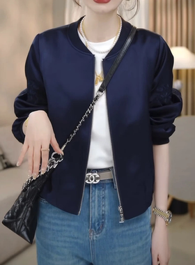 休闲刺绣缎面棒球服外套女2026】