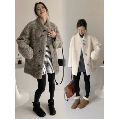 韩系100羊毛中长款立领牛角扣羊剪绒羊羔毛外套女冬皮毛一体大衣