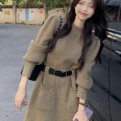 秋冬小个子收腰网红韩版别致加厚针织连衣裙打底内搭毛衣裙子