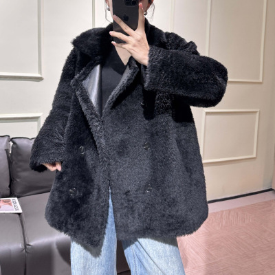 拉贡羊毛皮毛一体真毛两面穿外套双排扣中长款女士休闲皮草大衣