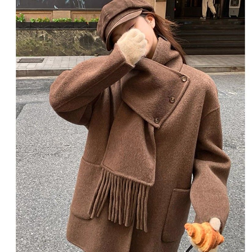 韩版08款小个子设计大衣1感毛呢围巾领短款25新款冬季两件套9灰色