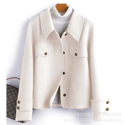 100％羊毛呢外套双面羊绒大衣女小个子娃娃领羊毛呢西装外套秋冬