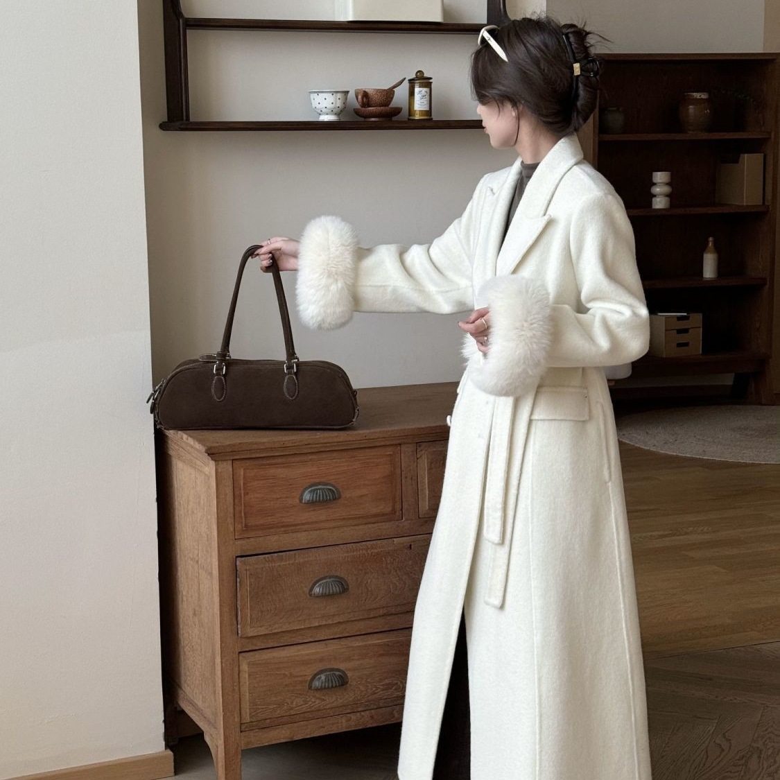 韩版狐狸毛袖口双面羊毛绒大衣女2025秋冬新中长款双排扣毛呢外套