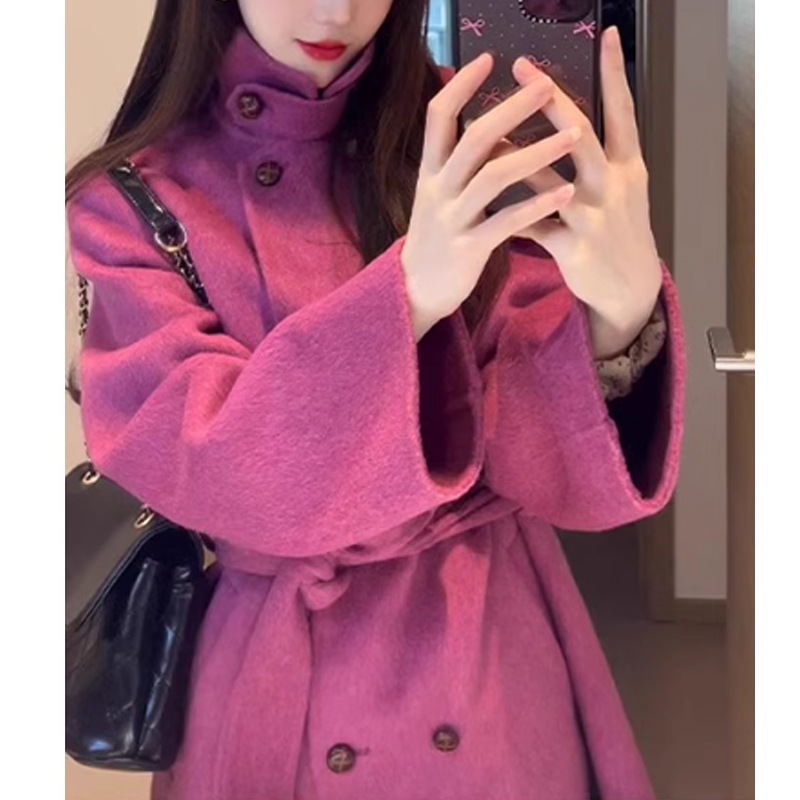 玫红色双面羊绒呢子大衣女2025秋冬新款韩系高级感小个子毛呢外套