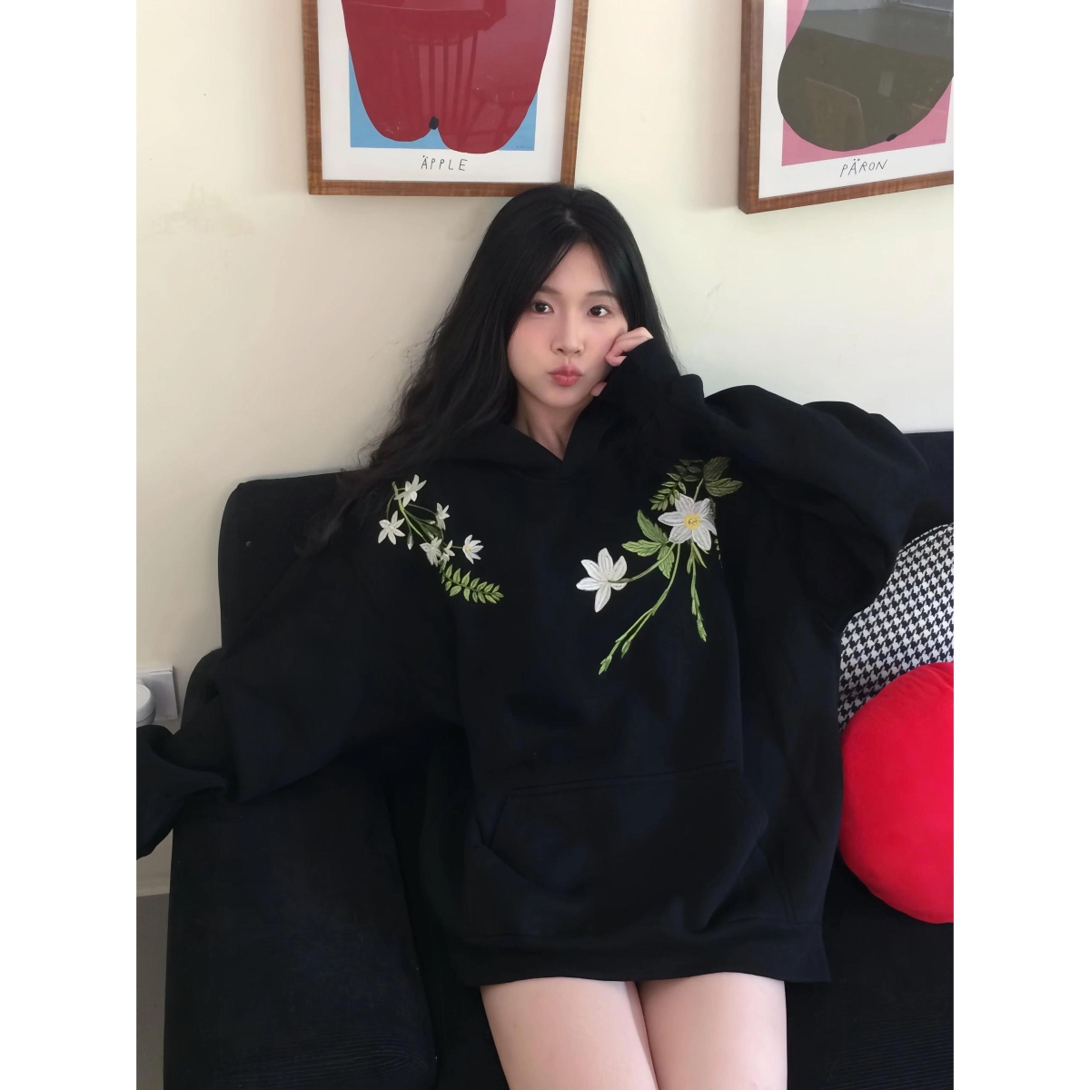 新中式复古花卉刺绣加绒连帽无绳卫衣女秋冬季重磅长袖情侣上衣