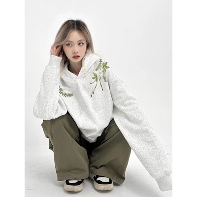 刺绣花卉连帽加绒加厚秋冬季2025新款卫衣女款宽松带帽情侣装上衣