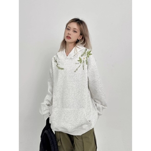 中式重工花卉刺绣连帽卫衣女款秋冬季加绒宽松休闲学生情侣装上衣