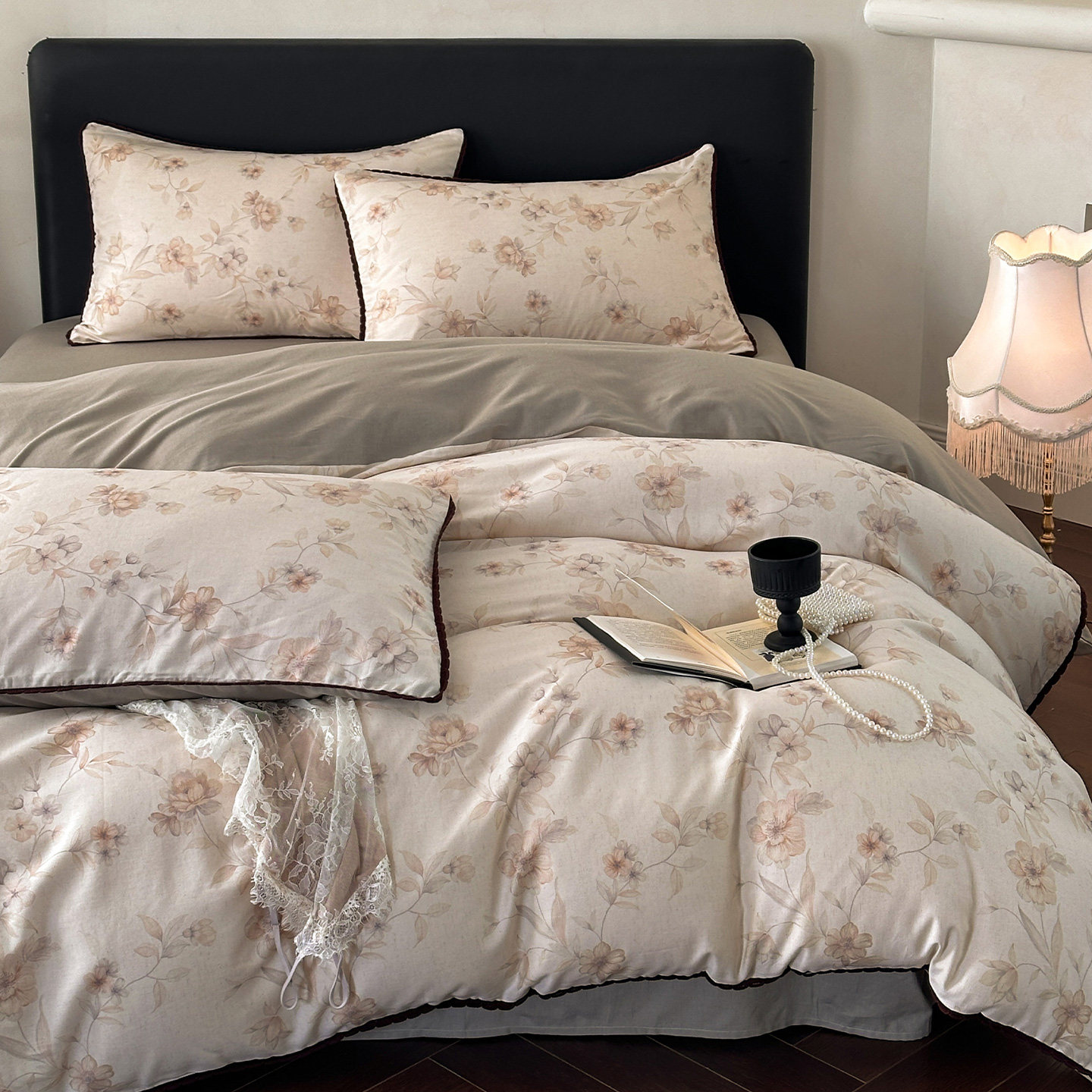 全棉棉麻法式复古田园风花卉工艺款四件套纯棉被套床单床上用品