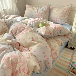 A类全棉三角针贝壳边四件套纯棉萌系可爱卡通被套床单床上用品