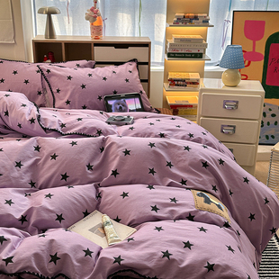 ins风全棉三角针贴标款全棉四件套纯棉简约星星小马被套床上用品