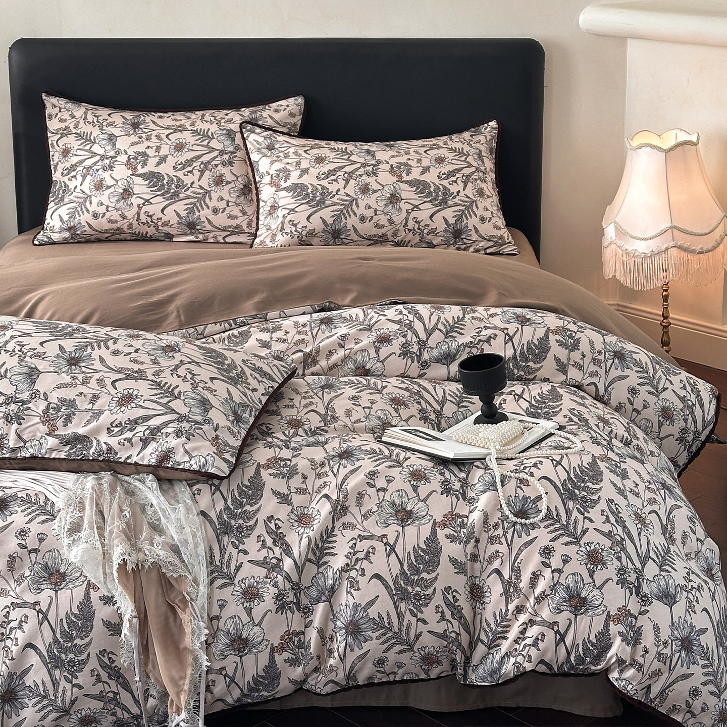 全棉棉麻法式复古田园风花卉工艺款四件套纯棉被套床单床上用品