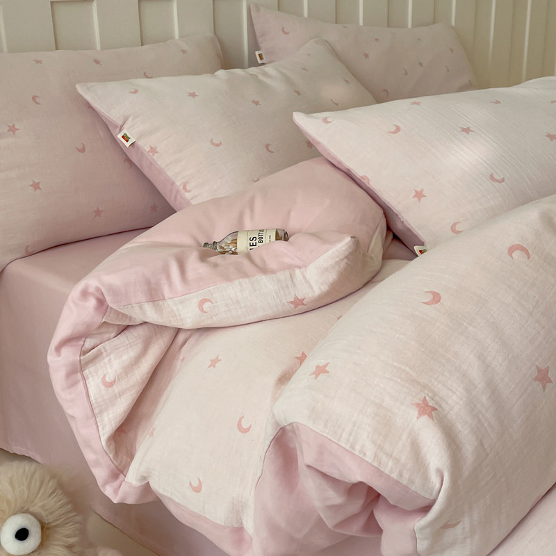A类全棉双层皱皱纱色织提花四件套纯棉星星月亮被套床单床上用品