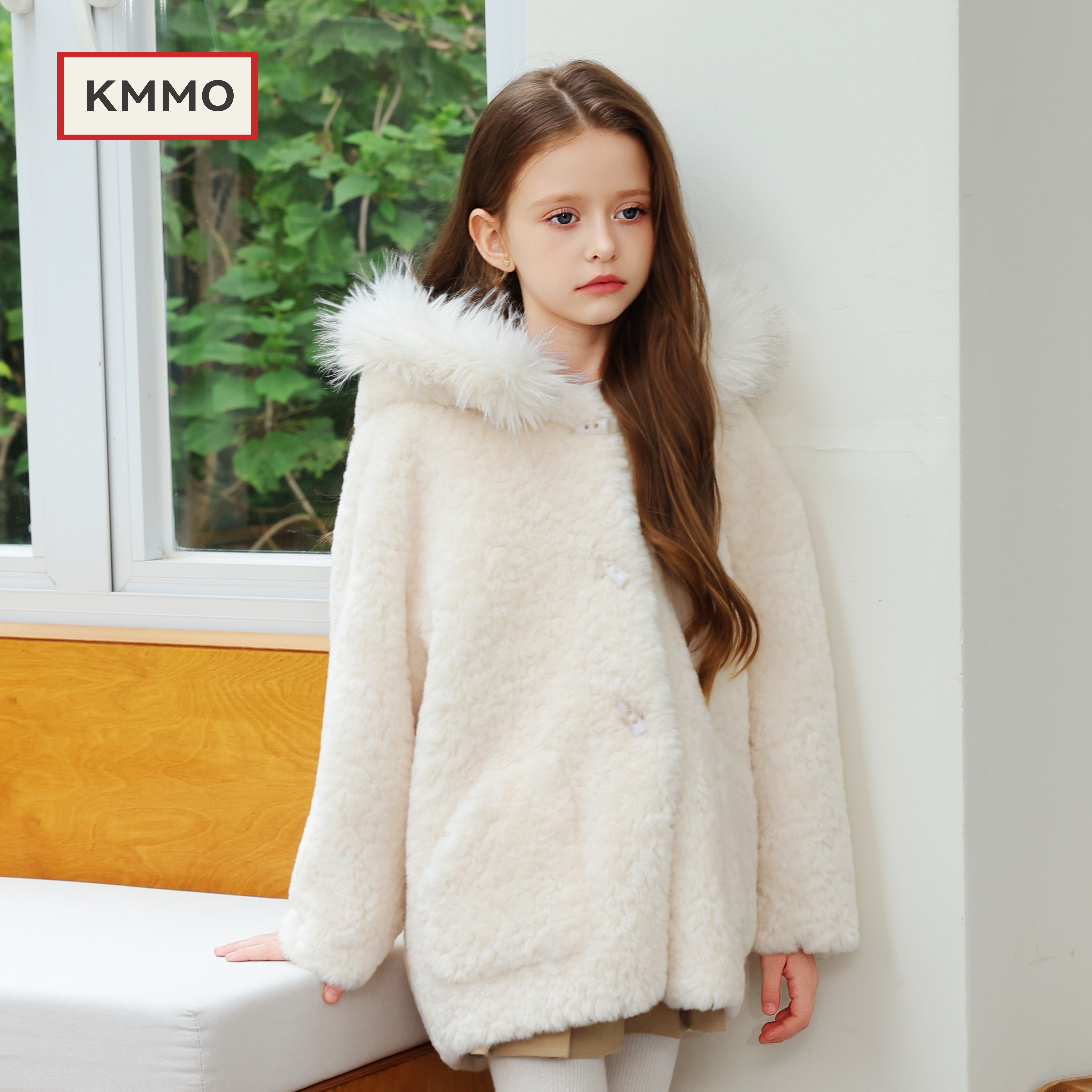 KMMO女童加厚仿羊羔绒大毛领外套