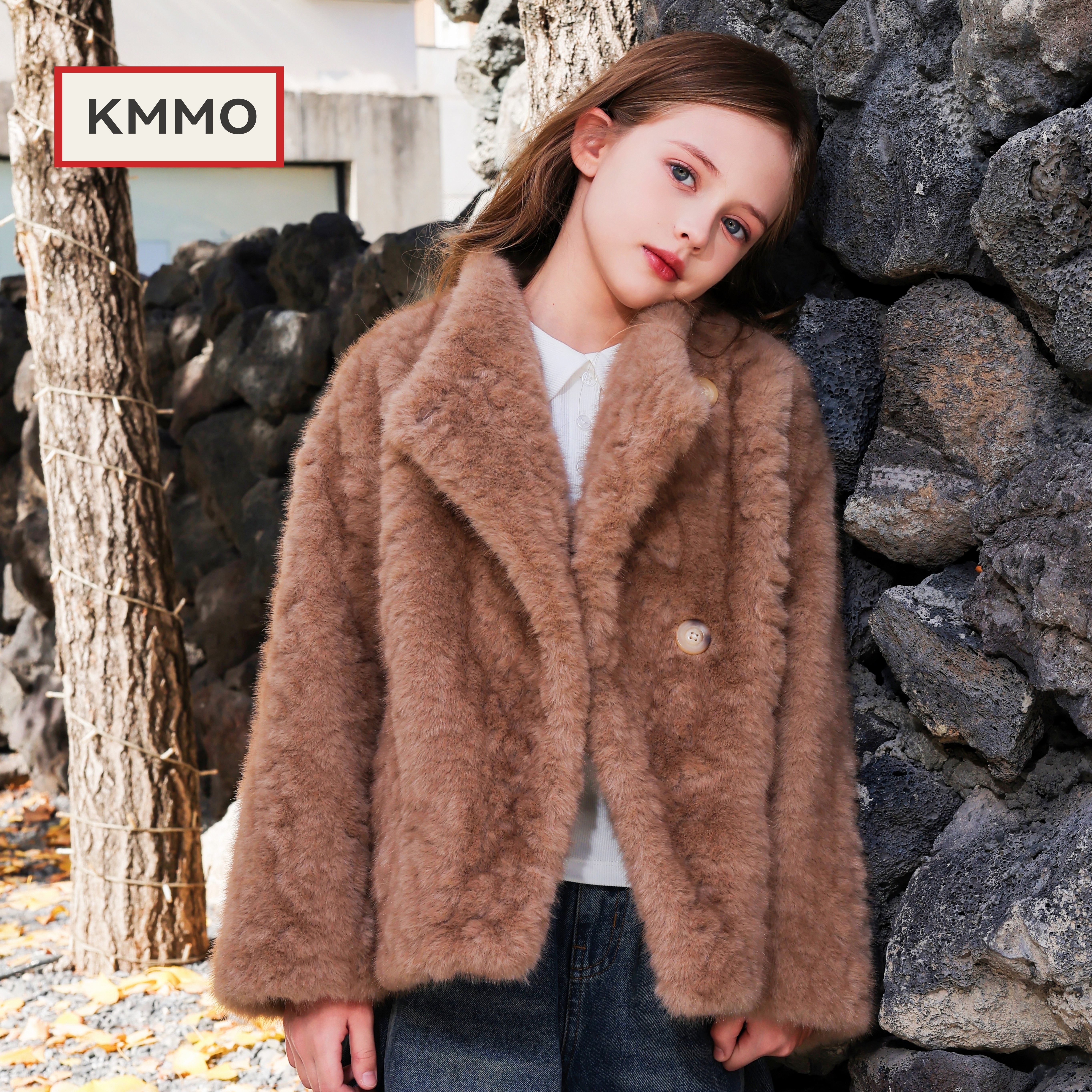 KMMO女童皮草外套2026新款儿童环保小湖羊皮毛一体短款毛毛上衣