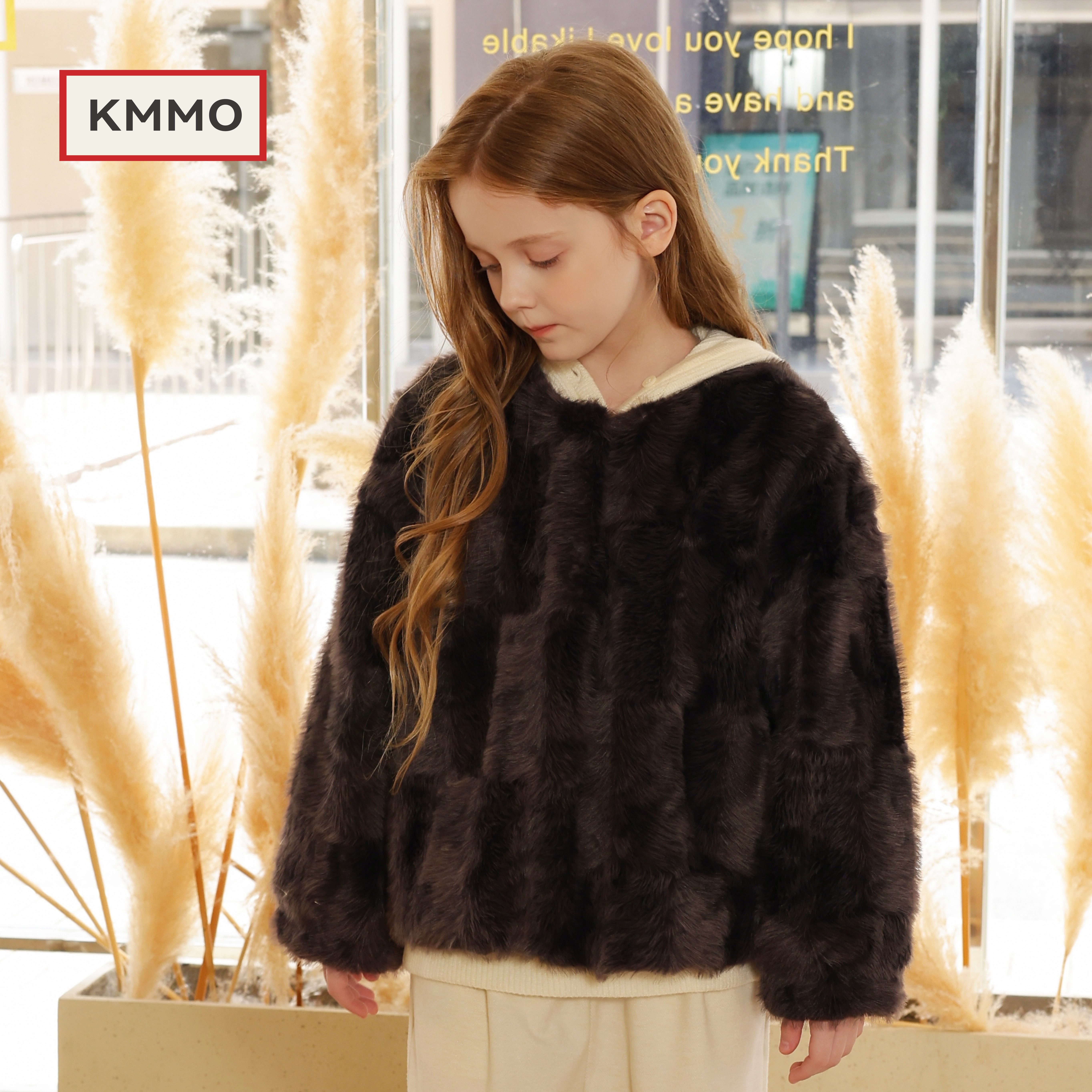 KMMO女童秋冬加厚毛毛开衫大衣