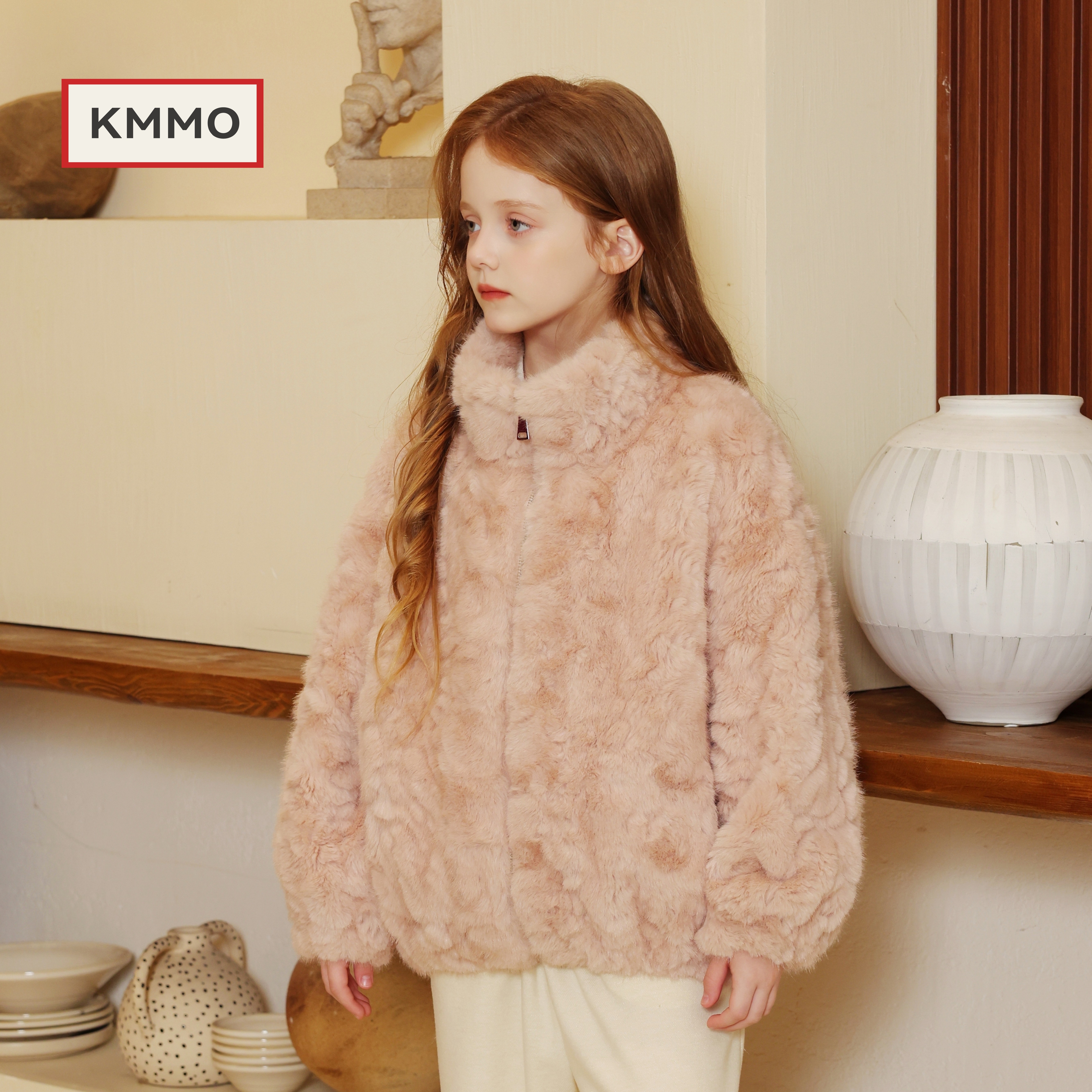 KMMO女童仿水貂毛加厚短款大衣