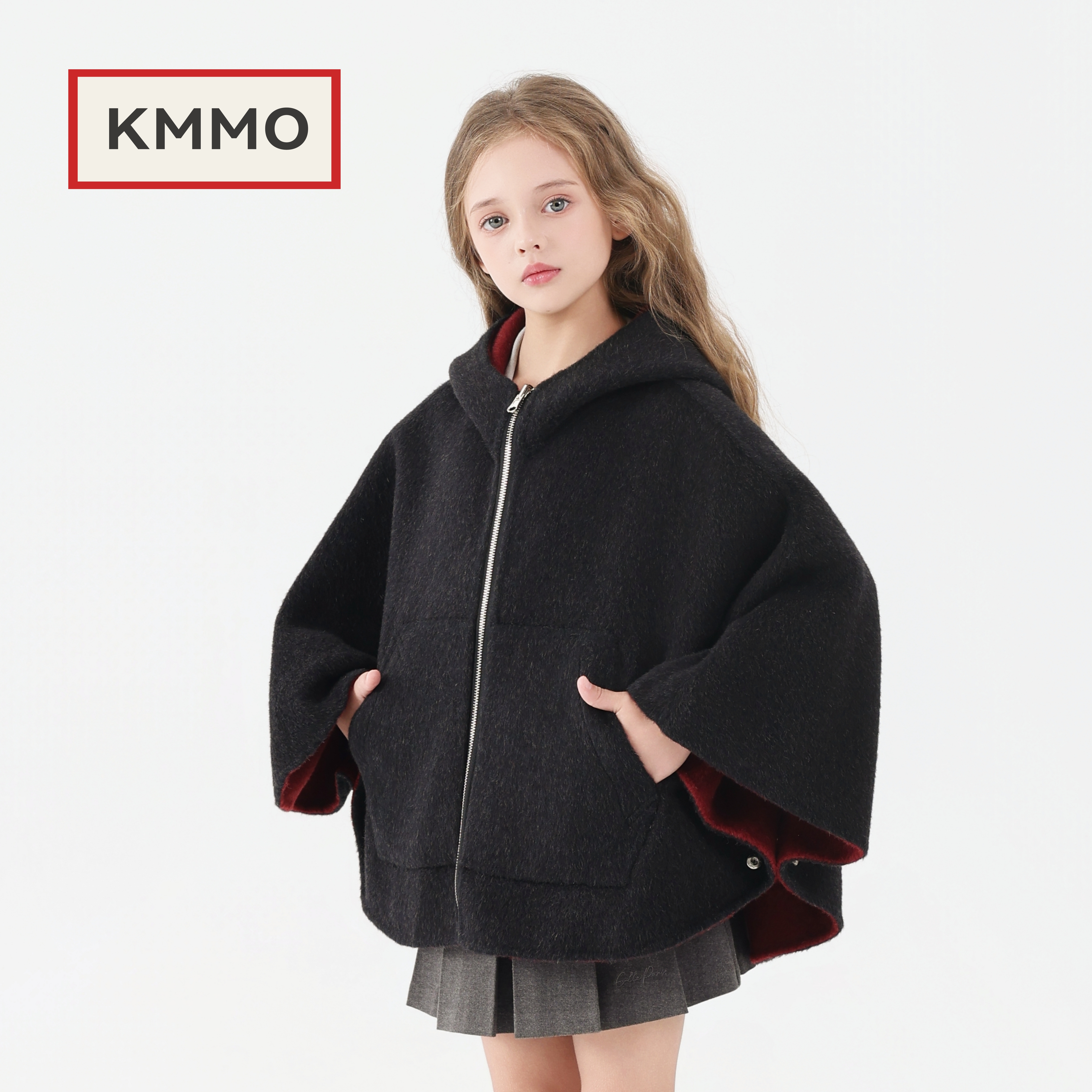 秋冬气质法式连帽披肩双面呢羊毛