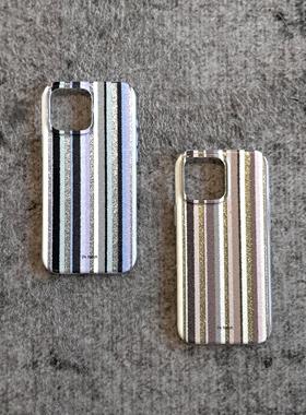 24 hatch “美拉德/格雷系闪闪”条纹手绘亮片双层工艺圆边手感手机壳适用于苹果14-16系列手机