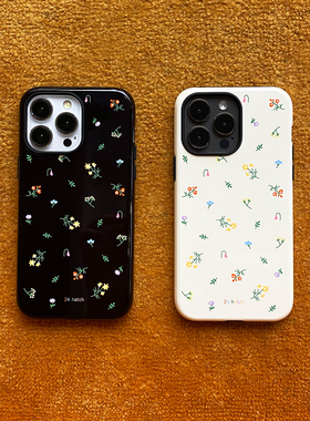 24 hatch 复古奶黄黑色碎花手机壳韩国进口二合一菲林手机壳适用于苹果14-17系列
