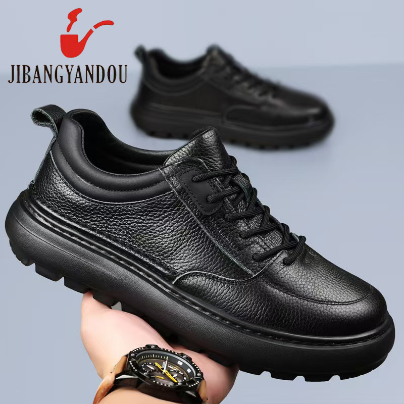 吉邦烟斗男鞋头层牛皮2025新款男真皮休闲鞋厚底透气耐磨运动板鞋