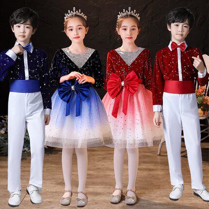 儿童大合唱蓬蓬裙中小学生诗红歌爱国朗诵比赛主持人礼服表演服装
