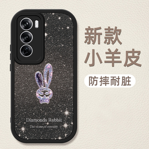 适用opporeno12手机壳新款x100spro保护套卡通可爱闪粉兔子rn12por小羊皮全包软套PJV110潮牌简约防摔女款