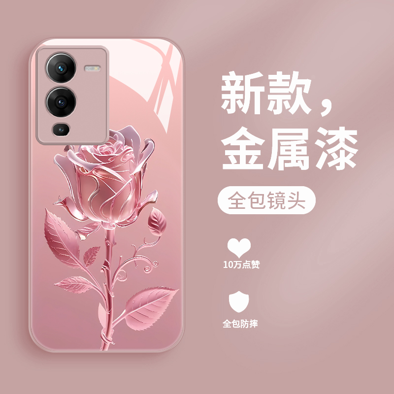 适用于vivos15手机壳新款液态玻璃s15pro保护套个性简约玫瑰花s15e镜头全包防摔v1v0网红时尚潮流创意女款