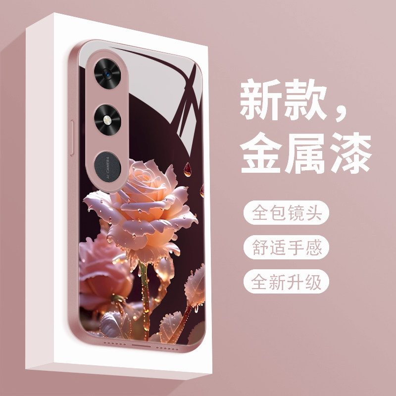 绽放玫瑰适用荣耀play9c手机壳新款液态玻璃华为play9c保护套HONOR镜头全包防摔PALY9C时尚个性创意女款