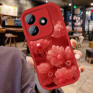 适用红米note14手机壳水露花红色小米note14pro保护套NOTE14Pro+小羊皮全包防摔Redmi时尚创意noto14潮牌女款
