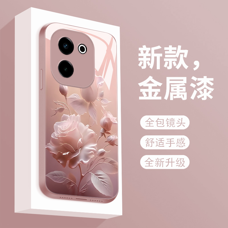 适用于vivoy200手机壳雾色玫瑰y200t新款液态玻璃保护套v1v0y200gt镜头全包防摔V2361GA潮牌简约创意女款