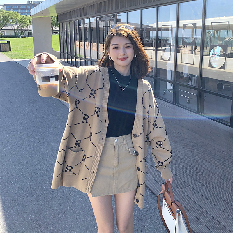 张大人2023秋冬新款大码女装显瘦慵懒咖色半裙针织外套时尚套装女