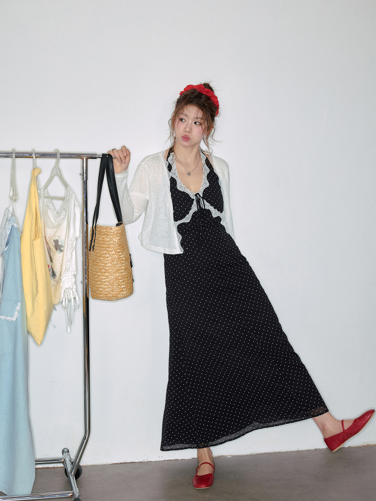 Plus-Size Women's Clothing for Chubby Girls mm Slim Looking Halter Neck Dress French Retro Beach Vacation Style Polka Dot Dress